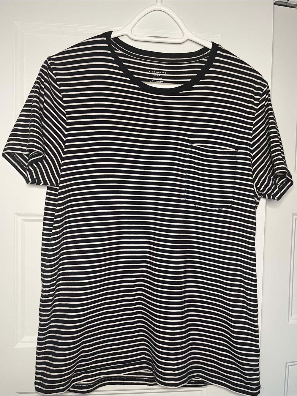 Club Monaco Navy & White Striped Short Sleeve Pocket Tee